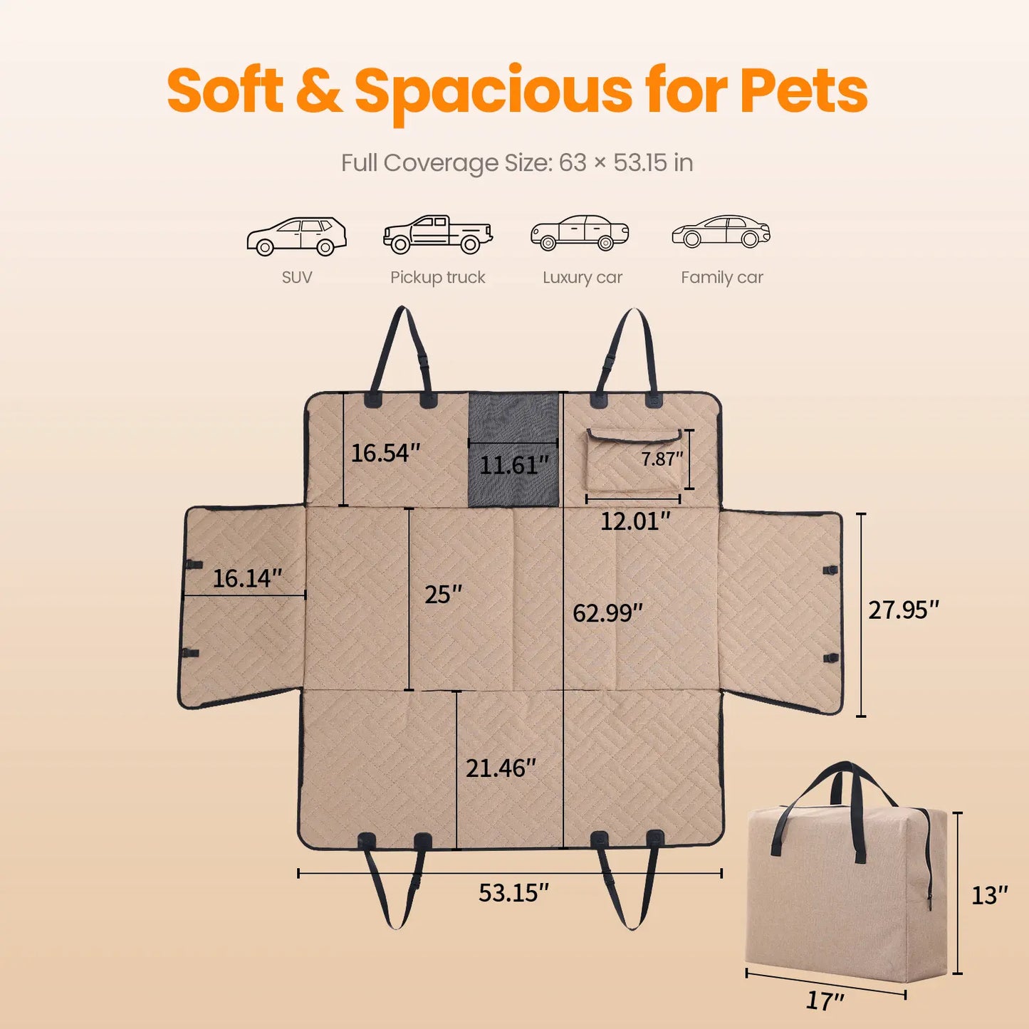 Dog Car Seat Cover for Large Dogs, Full-Cover Back Seat Protector, Foldable, Beige/Black