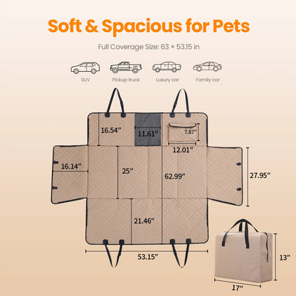 Dog Car Seat Cover for Large Dogs, Full-Cover Back Seat Protector, Foldable, Beige/Black