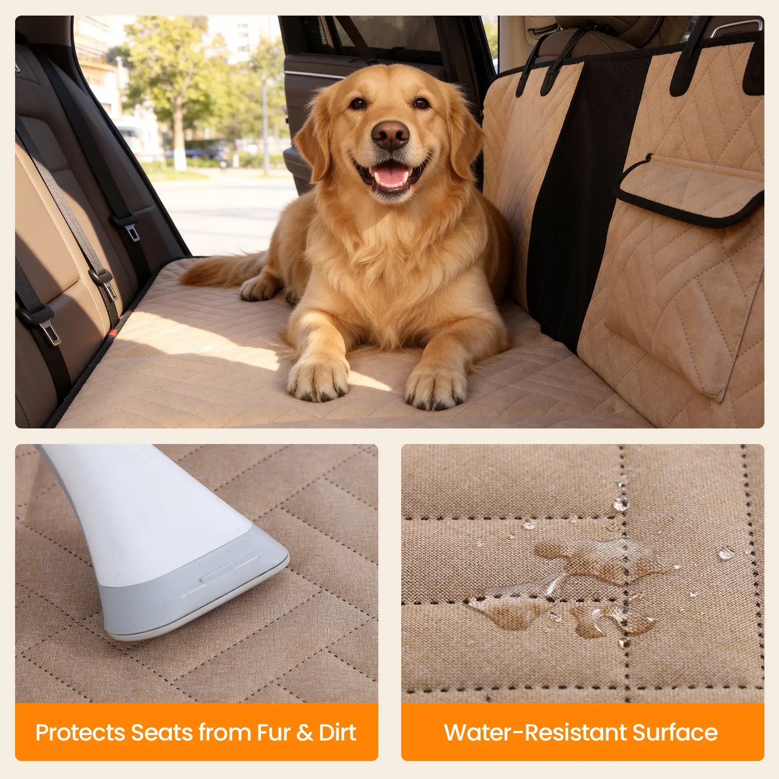 Dog Car Seat Cover for Large Dogs, Full-Cover Back Seat Protector, Foldable, Beige/Black