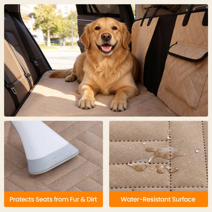Dog Car Seat Cover for Large Dogs, Full-Cover Back Seat Protector, Foldable, Beige/Black