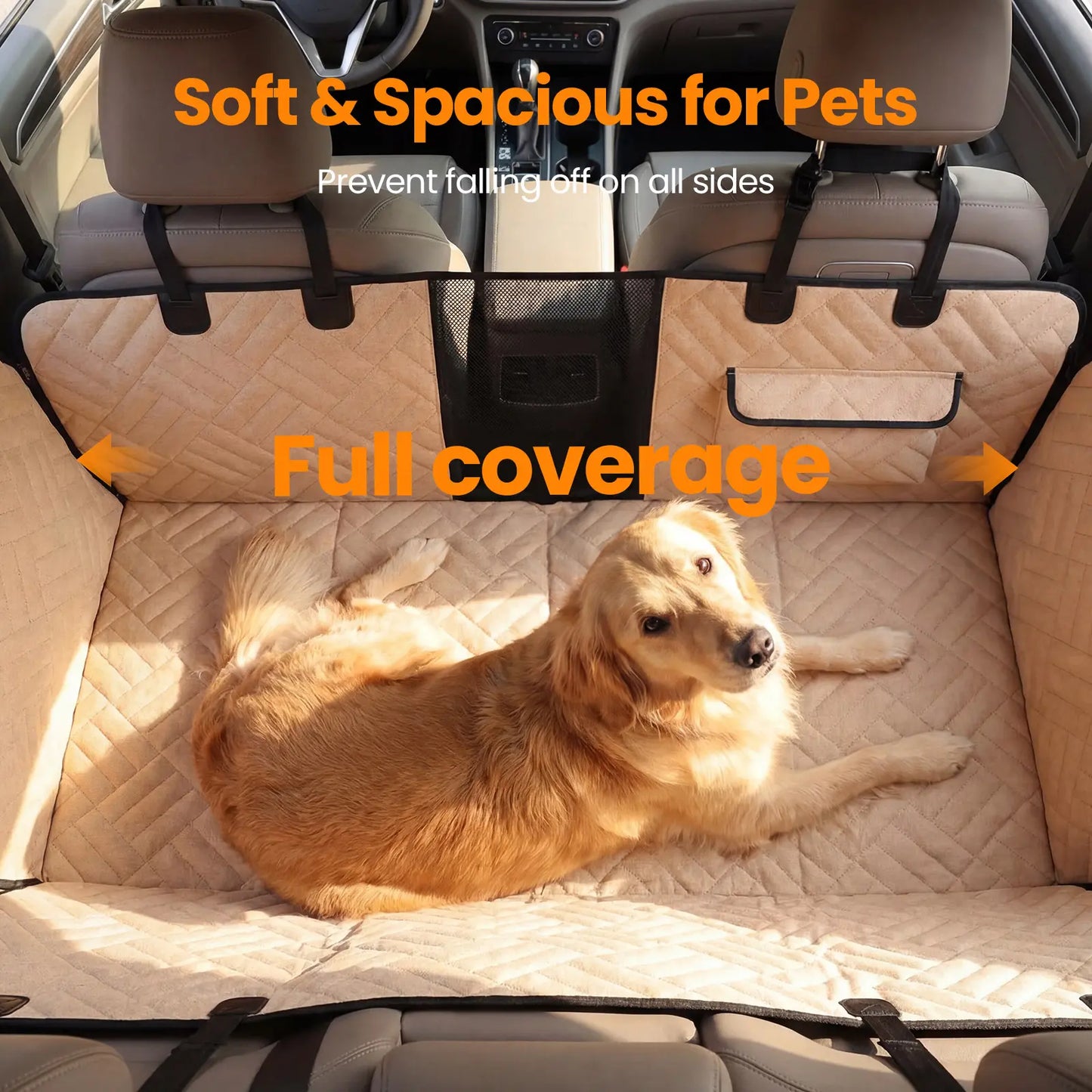 Dog Car Seat Cover for Large Dogs, Full-Cover Back Seat Protector, Foldable, Beige/Black