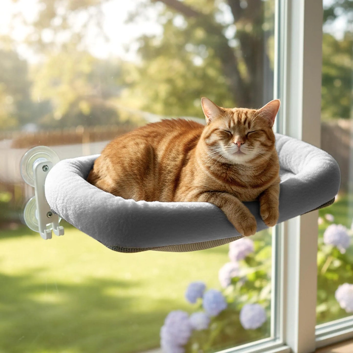 Folding Cat Hammock for Window - Cordless, Machine Washable Bed, Robust Metal Frame, Strong Suction Cups