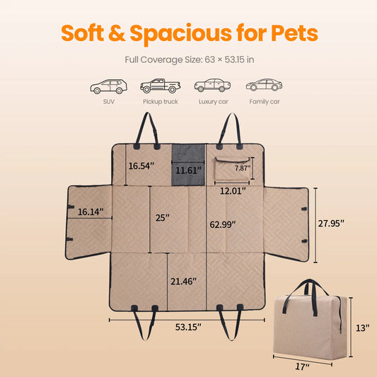 Dog Car Seat Cover for Large Dogs, Full-Cover Back Seat Protector, Foldable, Beige/Black