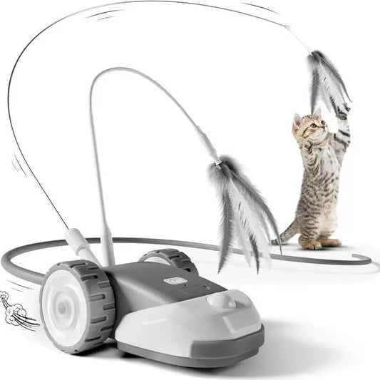 3-In-1 Interactive Cat Toy - 2-Speed Automatic Moving Mouse Cat Toys Self Play with 2Pcs Hanging Feather String Ribbon and Wiggly Silicone Mice Tail for Bored Indoor Adult Cats Kittens