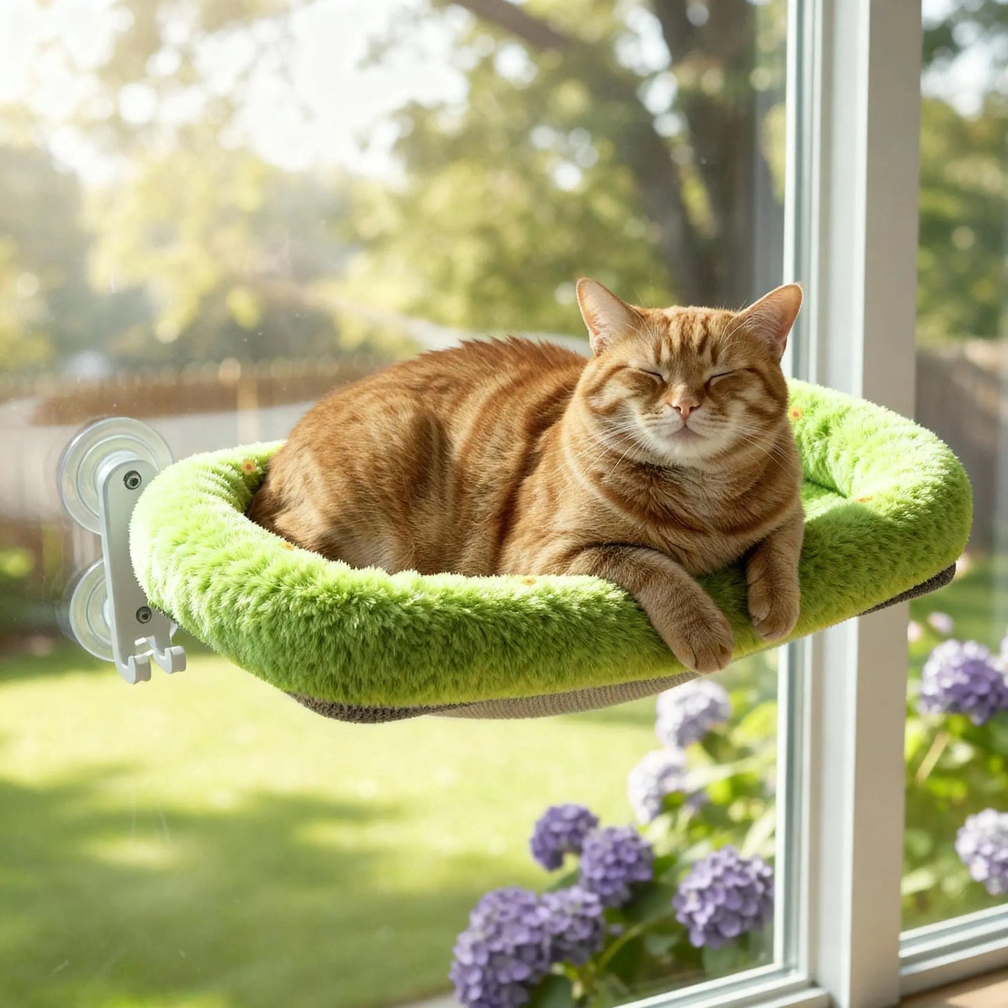 Folding Cat Hammock for Window - Cordless, Machine Washable Bed, Robust Metal Frame, Strong Suction Cups