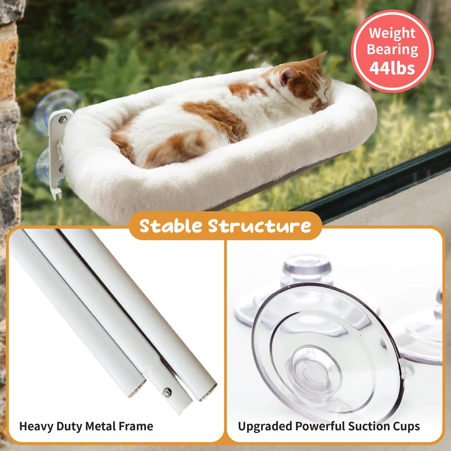 Folding Cat Hammock for Window - Cordless, Machine Washable Bed, Robust Metal Frame, Strong Suction Cups