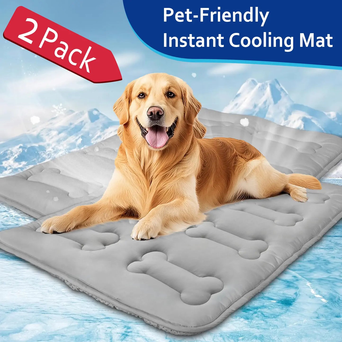 2Pcs Dog Cooling Mat for Large Dogs or Cats, Thickened Durable Non-Toxic Non-Slip Quiled Long-Lasting Cool Summer Pet Pad with Cute Bone Stitching, Portable Lightweight Washable Indoor Outdoor Cold Kennel Crate Bed, Grey