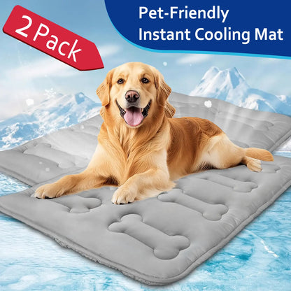 2Pcs Dog Cooling Mat for Large Dogs or Cats, Thickened Durable Non-Toxic Non-Slip Quiled Long-Lasting Cool Summer Pet Pad with Cute Bone Stitching, Portable Lightweight Washable Indoor Outdoor Cold Kennel Crate Bed, Grey