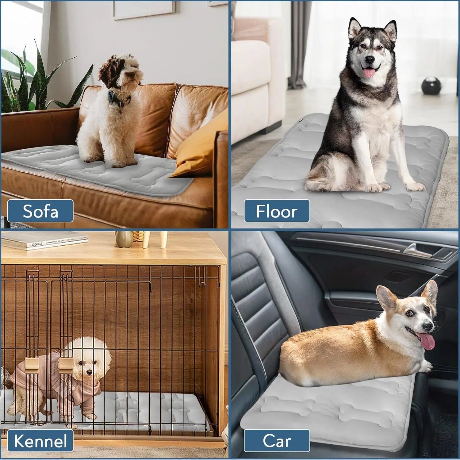 2Pcs Dog Cooling Mat for Large Dogs or Cats, Thickened Durable Non-Toxic Non-Slip Quiled Long-Lasting Cool Summer Pet Pad with Cute Bone Stitching, Portable Lightweight Washable Indoor Outdoor Cold Kennel Crate Bed, Grey