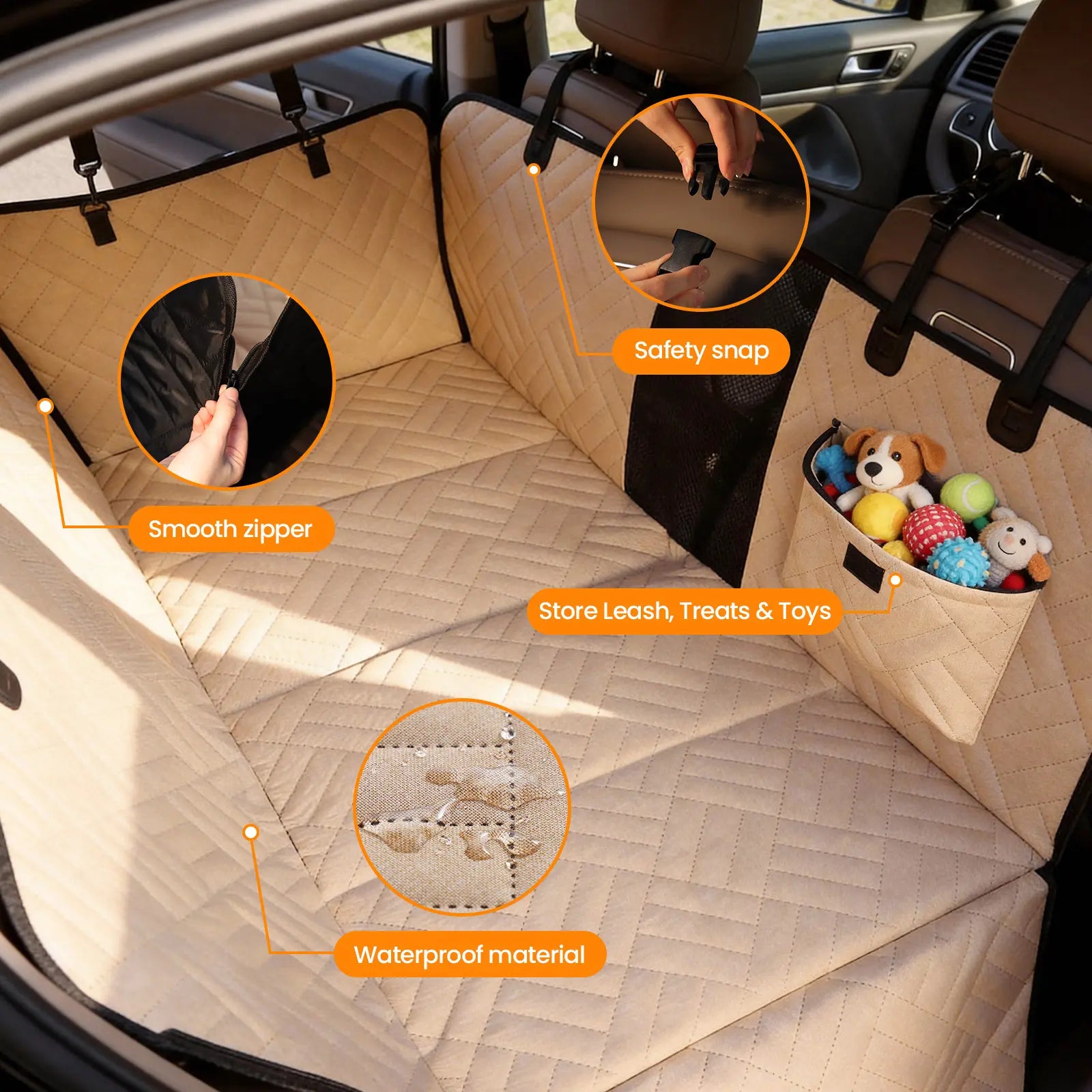 Dog Car Seat Cover for Large Dogs, Full-Cover Back Seat Protector, Foldable, Beige/Black