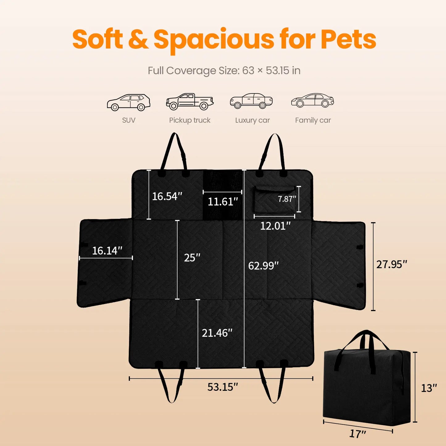 Dog Car Seat Cover for Large Dogs, Full-Cover Back Seat Protector, Foldable, Beige/Black