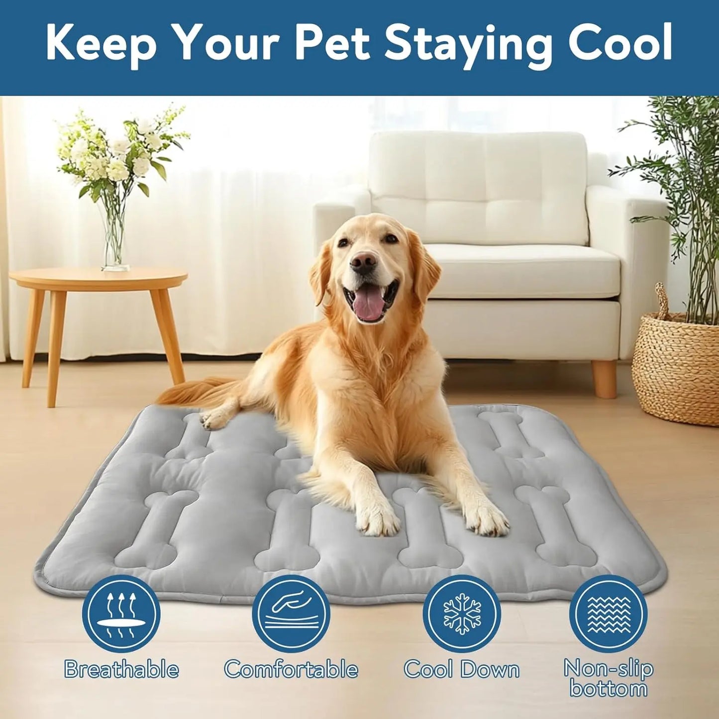 2Pcs Dog Cooling Mat for Large Dogs or Cats, Thickened Durable Non-Toxic Non-Slip Quiled Long-Lasting Cool Summer Pet Pad with Cute Bone Stitching, Portable Lightweight Washable Indoor Outdoor Cold Kennel Crate Bed, Grey