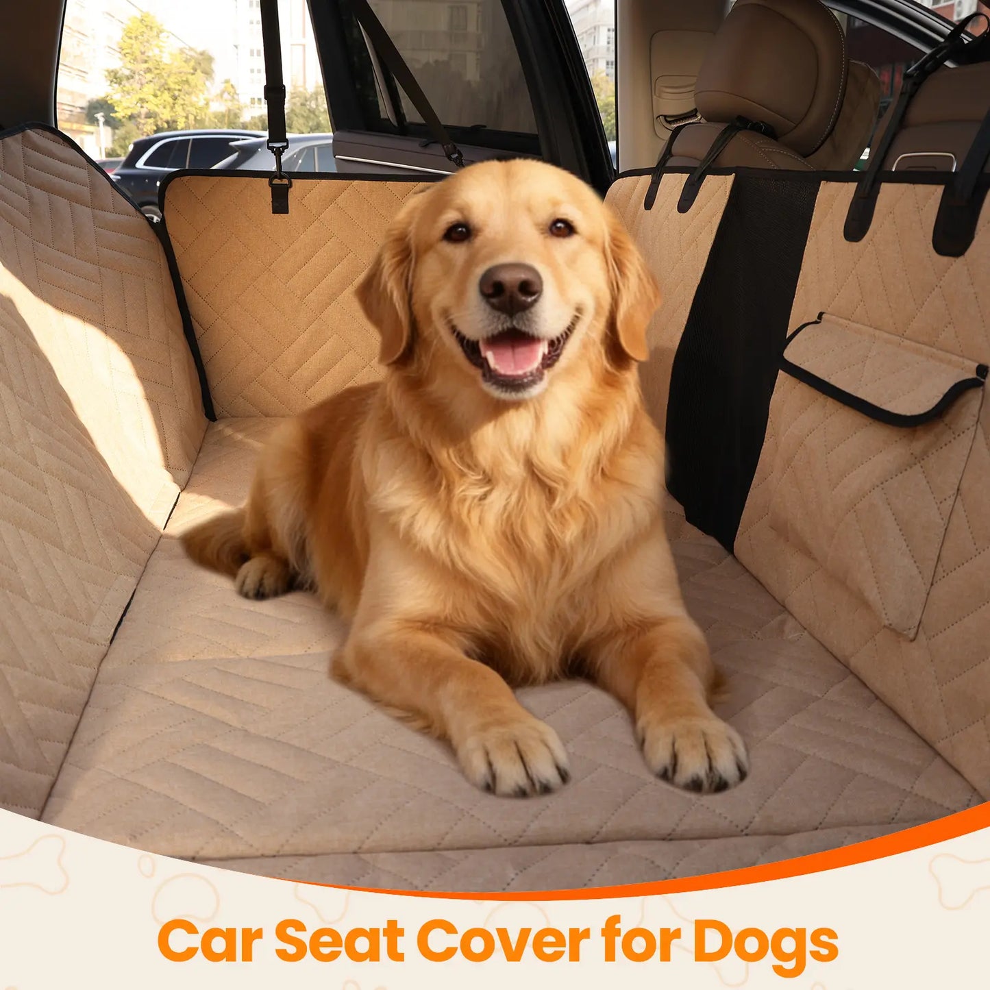 Dog Car Seat Cover for Large Dogs, Full-Cover Back Seat Protector, Foldable, Beige/Black