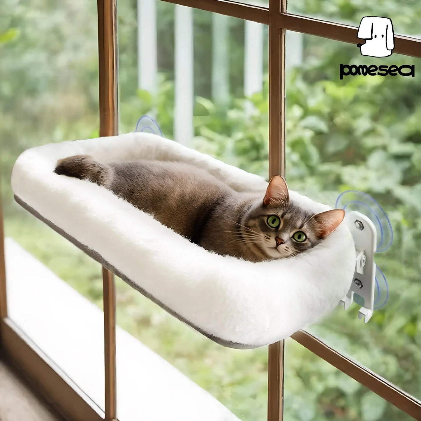 Folding Cat Hammock for Window - Cordless, Machine Washable Bed, Robust Metal Frame, Strong Suction Cups