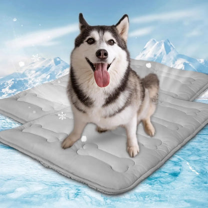 2Pcs Dog Cooling Mat for Large Dogs or Cats, Thickened Durable Non-Toxic Non-Slip Quiled Long-Lasting Cool Summer Pet Pad with Cute Bone Stitching, Portable Lightweight Washable Indoor Outdoor Cold Kennel Crate Bed, Grey